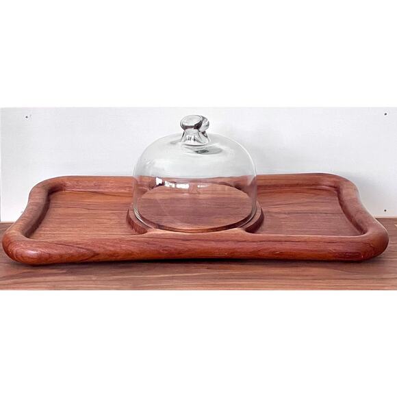 1970’s Teak Good Wood Bone Shaped Cheese Board With Glass Cloche - Picture 1 of 13